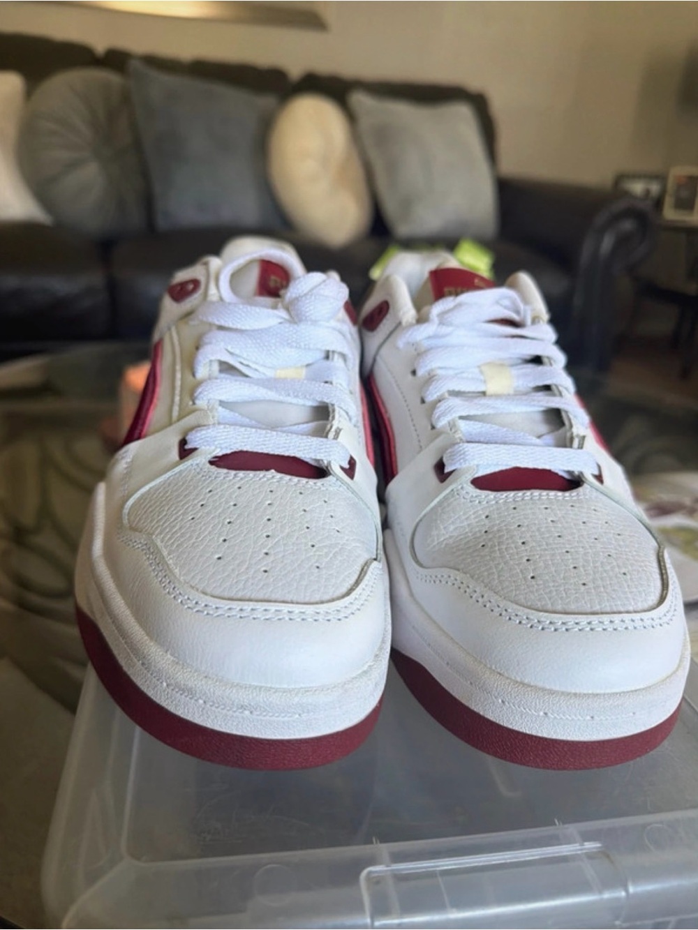 Puma Kids White and Maroon Low-Top Sneakers with Accent Striping